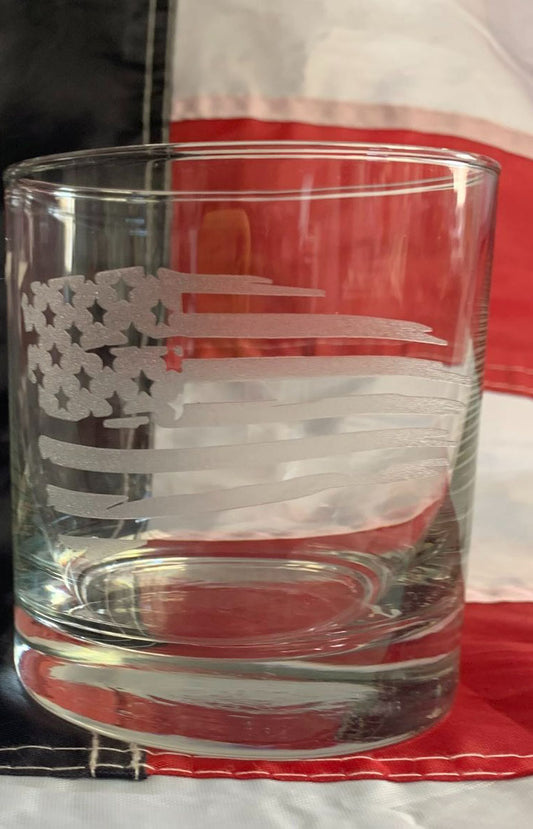 Tattered American Flag Rocks Glass