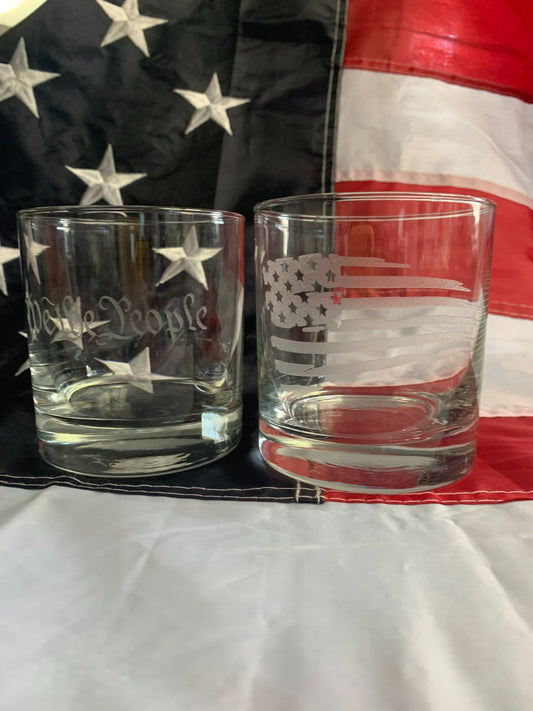Set of 2 Rocks Glasses - 1 We the People and 1 Tattered American Flag