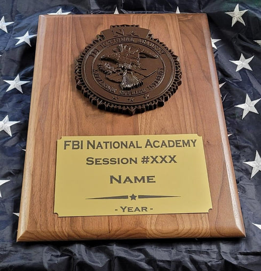 FBI NA SESSION GRADUATE PLAQUE REAL WALNUT w 9in 3D NA SEAL - Kulak Arms